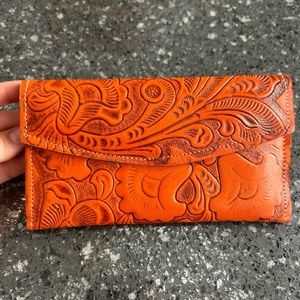 Beautiful Flower Orange Tooled Leather Wallet